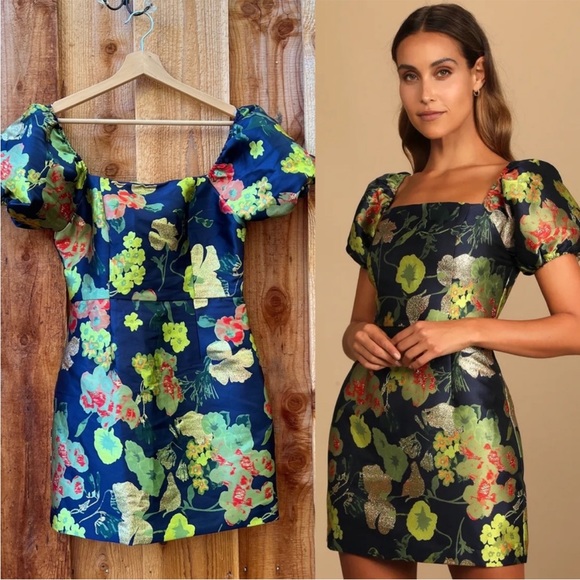 Lulus Dresses & Skirts - Navy Blue and Green Multi Floral Jacquard Puff Sleeve Mini Dress 🌿